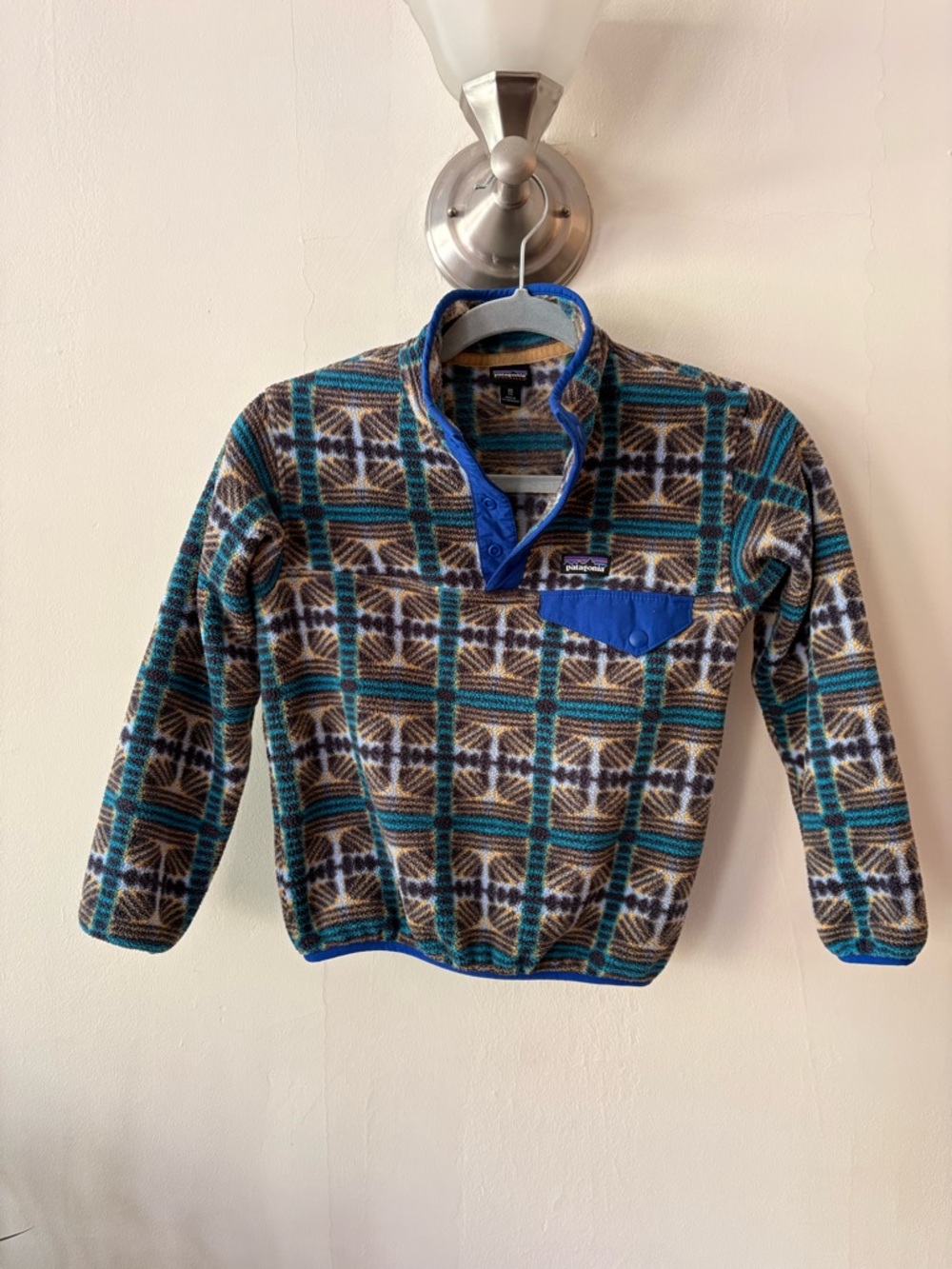 Kids Patagonia Fleece Pullover in Teal, Blue & Brown Plaid